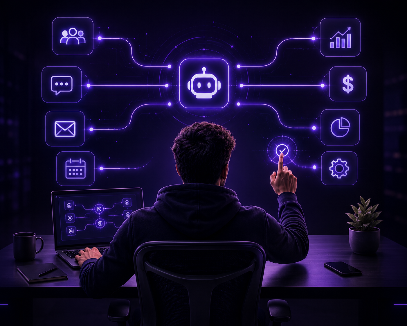 AI automation dashboard connecting leads, chat, email, scheduling and analytics
